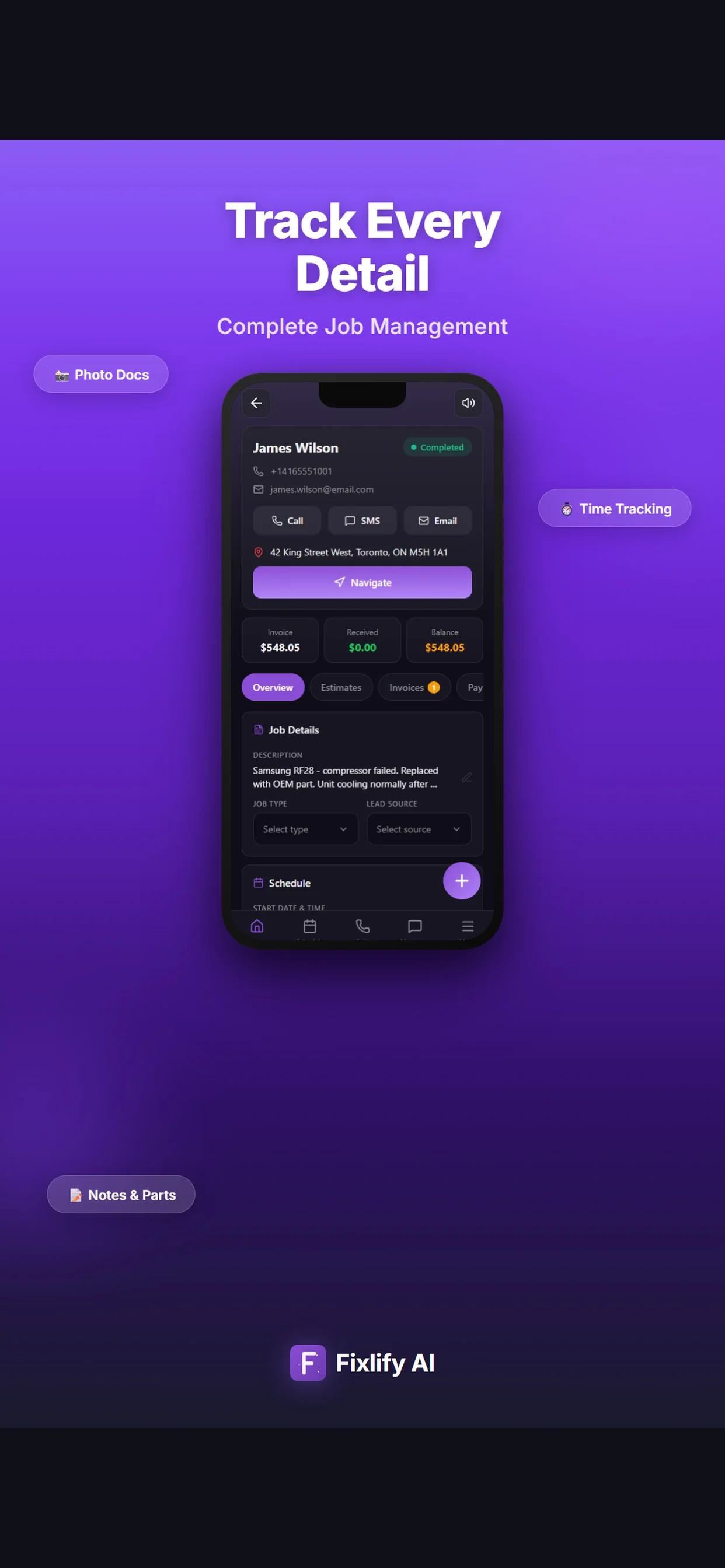 Fixlify AI mobile job record with customer contact actions, service address, job details, invoice balance, and schedule fields