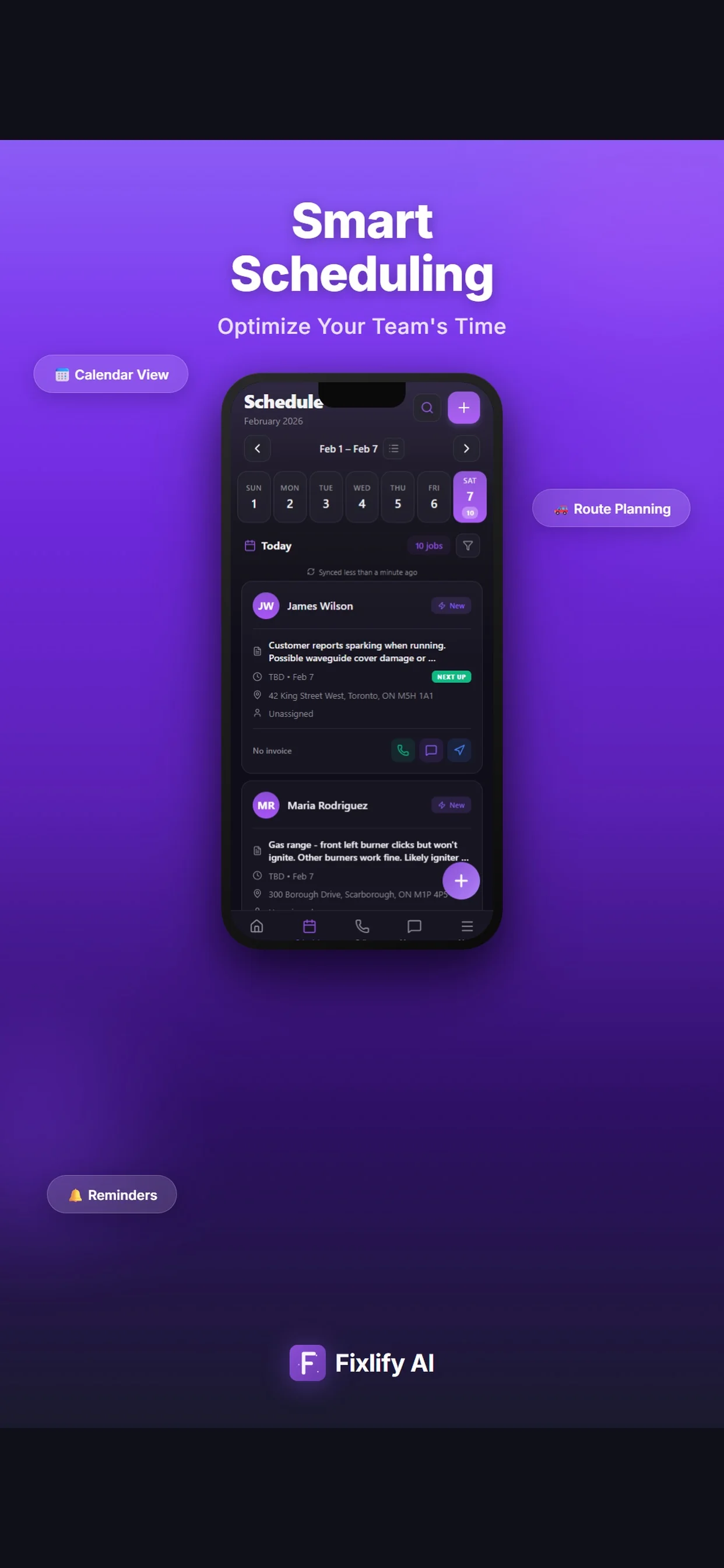 Fixlify AI mobile schedule with dated service jobs, assignment status, addresses, and contact actions